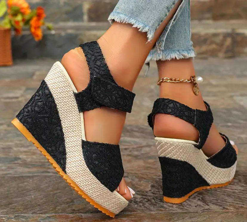 SoleLuxe Black Lace Espadrille Wedge Sandals