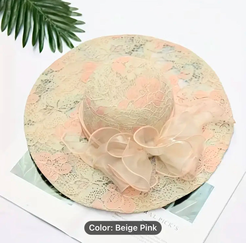 Wide Brim Lace floral hat 1pc Foldable for women