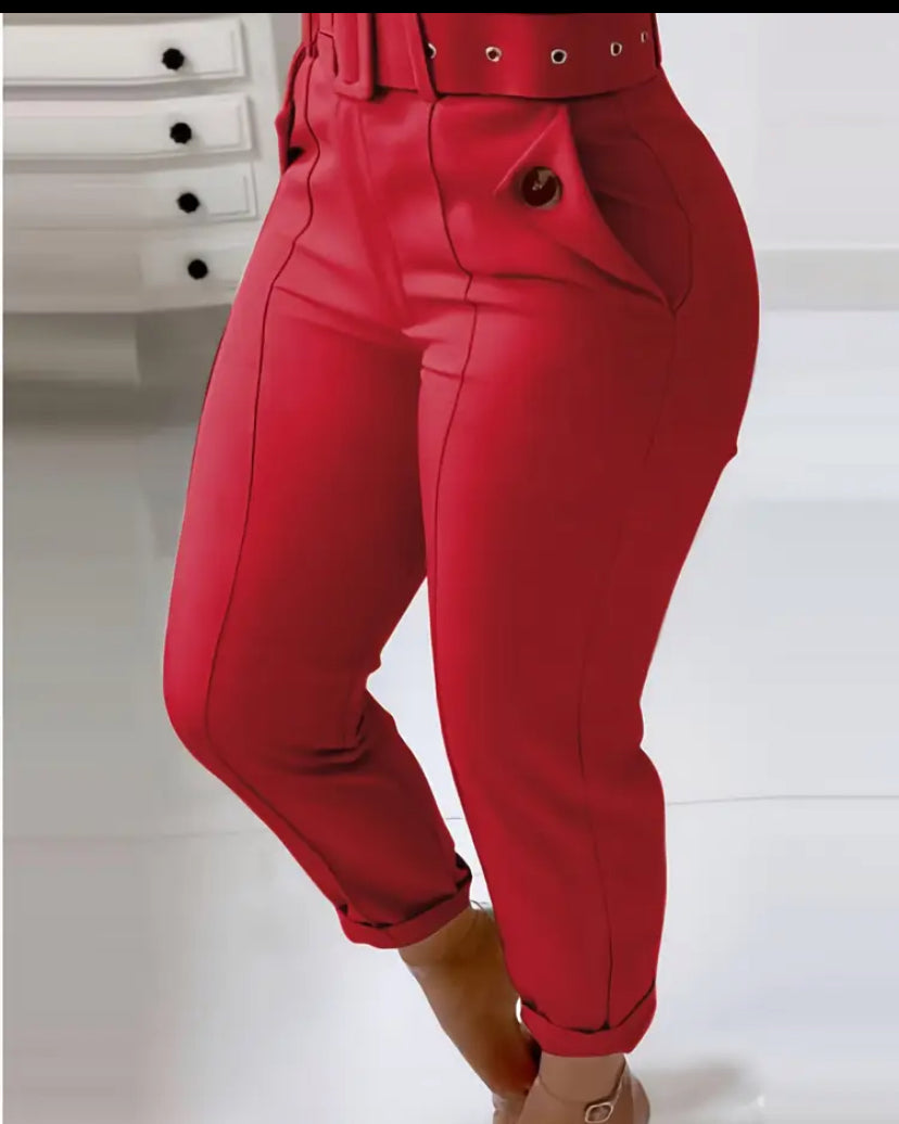 Women’s casual Solid red pants capri with belt