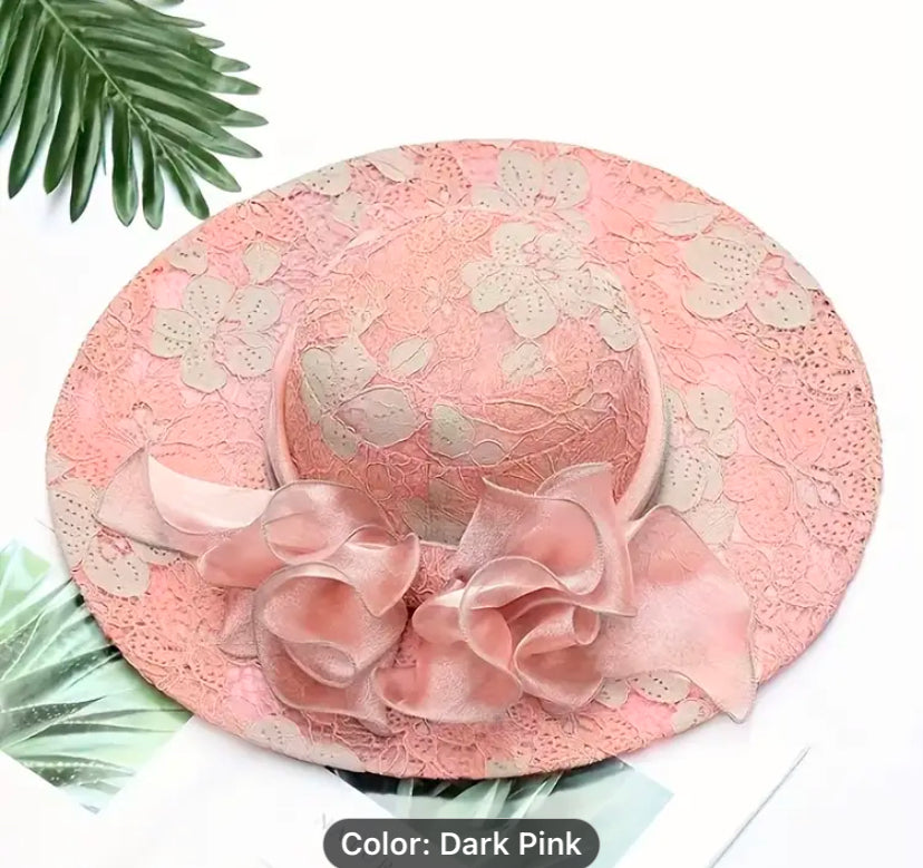 Wide Brim Lace floral hat 1pc Foldable for women