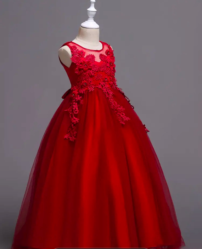 Girls:Red Floral Embroidered Mesh Overlay, round Neck Polyester for the perfect wedding, pageants Church Performances public presentation
