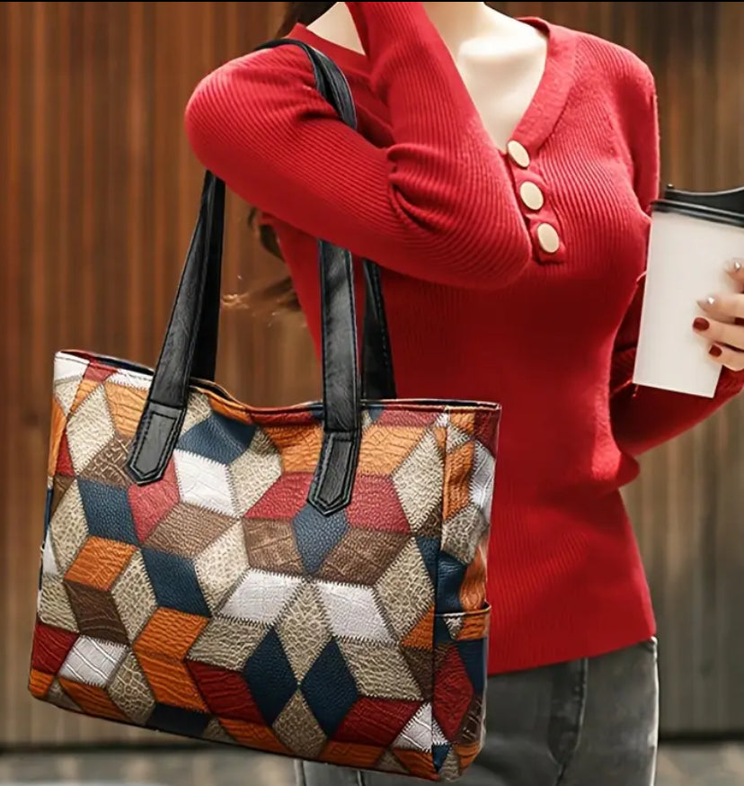 GeoMuse Patchwork Tote – Bold Cubic Pattern Meets Everyday Function