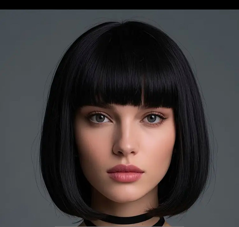 NoirChic Blunt Bob Wig – Sleek Jet Black with Bold Bangs