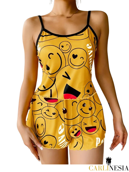 Smiley Face Backless Cami Pajama Set