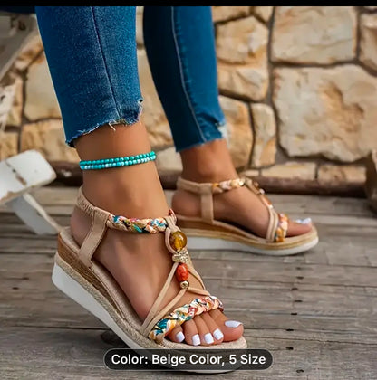 Women summer bohemians slip-sole  comfortable for beach, Vacation Adjustable Ankle strap