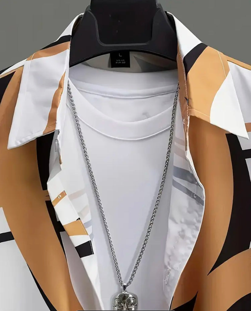 Men’s Summer Short Sleeve Geometry lapel Collar Loose fit polyester Casual for all occasions!!