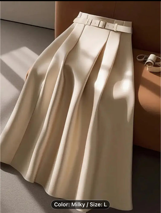 Solid Milky white layered High waisted midi skirt with Belt