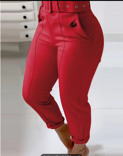 Women’s casual Solid red pants capri with belt