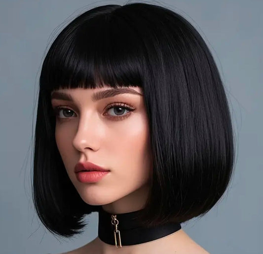 NoirChic Blunt Bob Wig – Sleek Jet Black with Bold Bangs