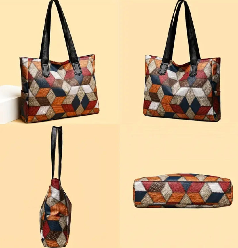 GeoMuse Patchwork Tote – Bold Cubic Pattern Meets Everyday Function