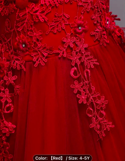Girls:Red Floral Embroidered Mesh Overlay, round Neck Polyester for the perfect wedding, pageants Church Performances public presentation