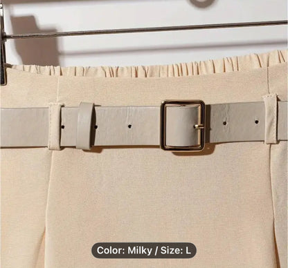 Solid Milky white layered High waisted midi skirt with Belt