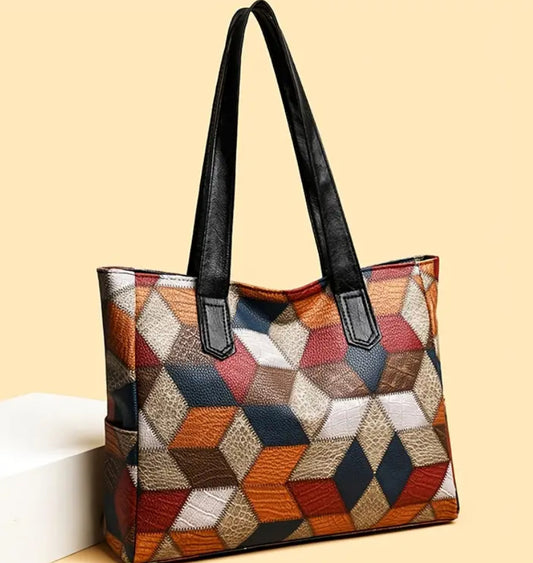 GeoMuse Patchwork Tote – Bold Cubic Pattern Meets Everyday Function