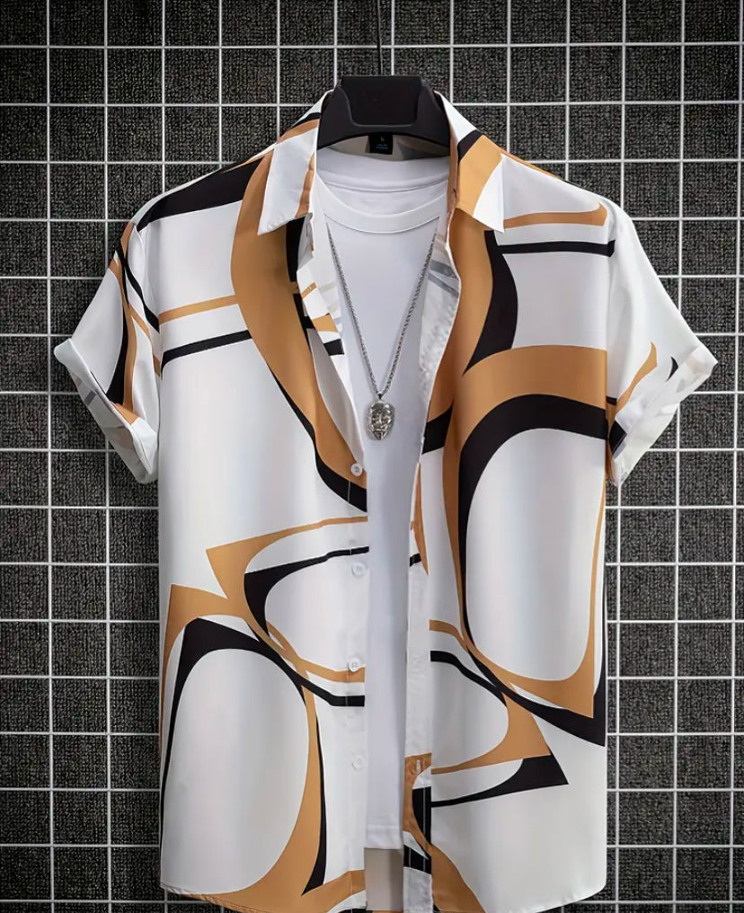 Men’s Summer Short Sleeve Geometry lapel Collar Loose fit polyester Casual for all occasions!!