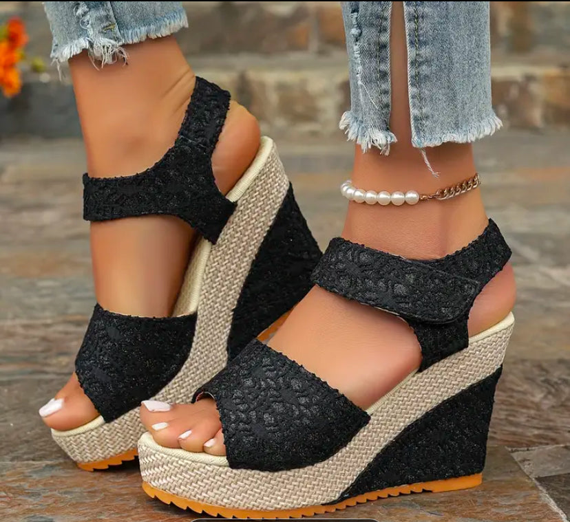 SoleLuxe Black Lace Espadrille Wedge Sandals