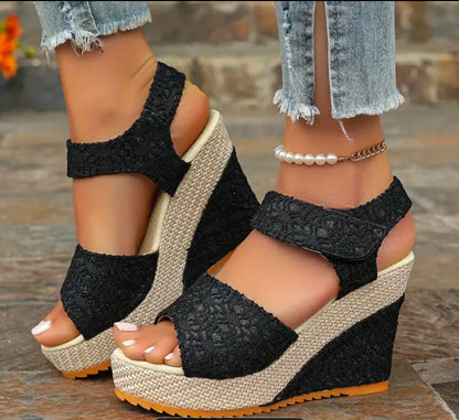 SoleLuxe Black Lace Espadrille Wedge Sandals
