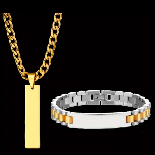 2 PCs Men’s Necklace and Bracelet Gold and Silver stainless