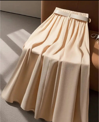 Solid Milky white layered High waisted midi skirt with Belt
