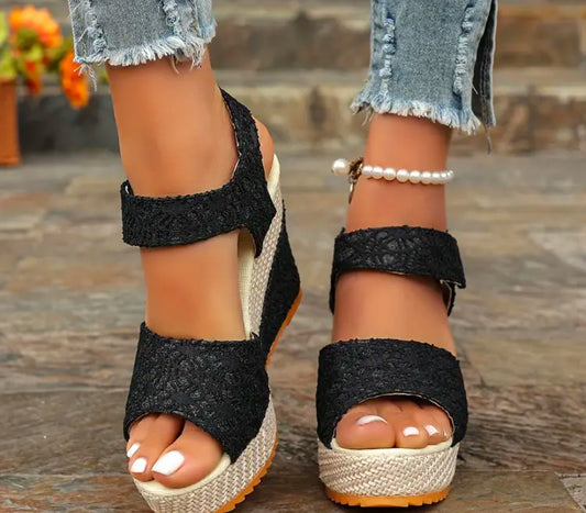 SoleLuxe Black Lace Espadrille Wedge Sandals