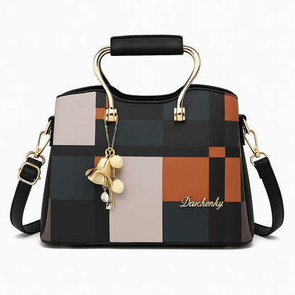 Plaid Charm Structured Handbag – Elegant Shoulder Bag with Top Handle & Gold Accents