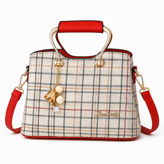 Plaid Charm Structured Handbag – Elegant Shoulder Bag with Top Handle & Gold Accents
