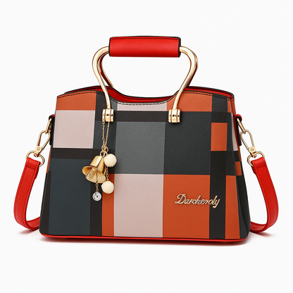 Plaid Charm Structured Handbag – Elegant Shoulder Bag with Top Handle & Gold Accents