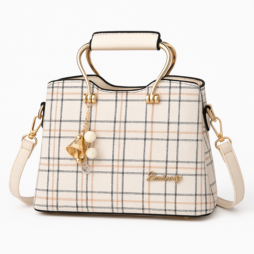 Plaid Charm Structured Handbag – Elegant Shoulder Bag with Top Handle & Gold Accents