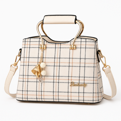 Plaid Charm Structured Handbag – Elegant Shoulder Bag with Top Handle & Gold Accents
