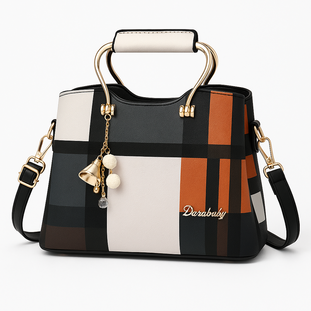 Plaid Charm Structured Handbag – Elegant Shoulder Bag with Top Handle & Gold Accents