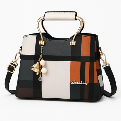 Plaid Charm Structured Handbag – Elegant Shoulder Bag with Top Handle & Gold Accents