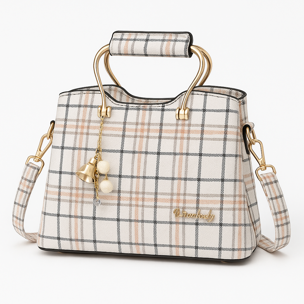 Plaid Charm Structured Handbag – Elegant Shoulder Bag with Top Handle & Gold Accents