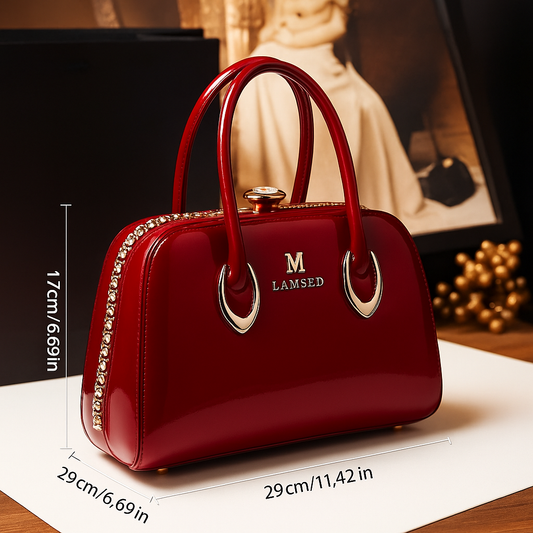 Crimson Luxe Gemstone Handbag – Patent Shine with Golden Elegance