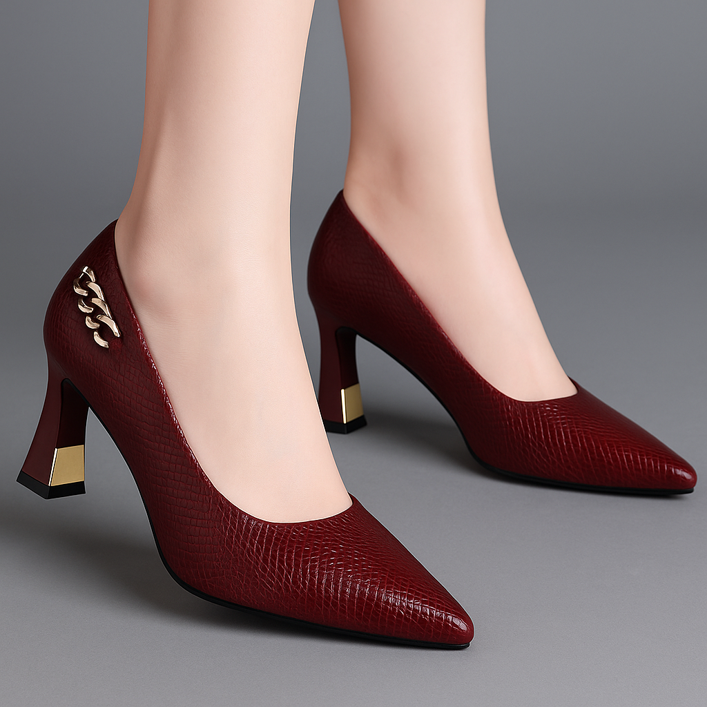 Veluxe Chain Accent Heels – Burgundy Elegance with a Bold Golden Twist