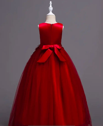 Girls:Red Floral Embroidered Mesh Overlay, round Neck Polyester for the perfect wedding, pageants Church Performances public presentation