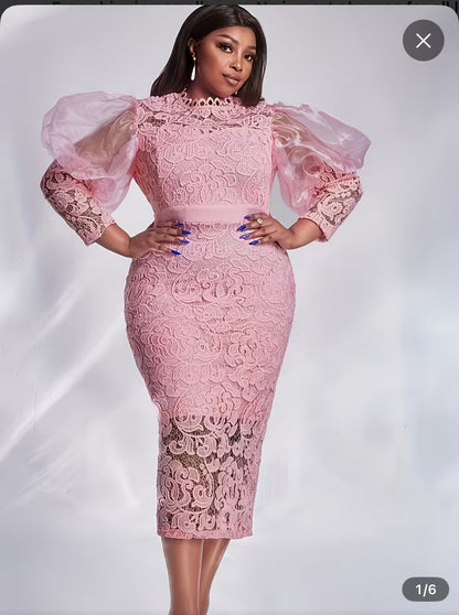 Lace -trimmed bubble Sleeves party dress