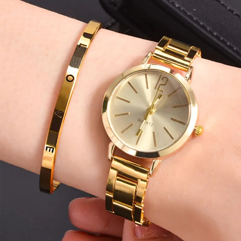 Elegant Gold-Tone Women's Watch & Bracelet Set